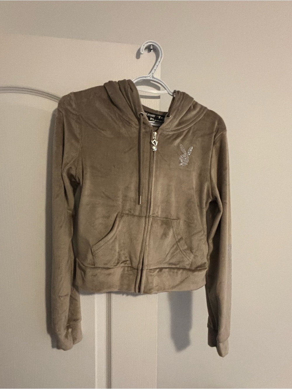 PLAYBOY Taupe Velvet Zip Hoodie with Rhinestone Bunny
